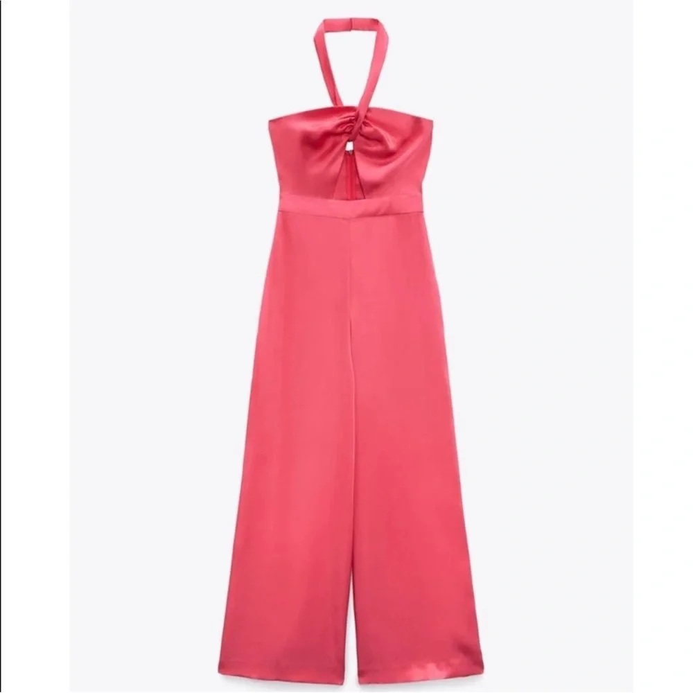 Zara Satin Halter Wide-Leg Jumpsuit in Hot Pink